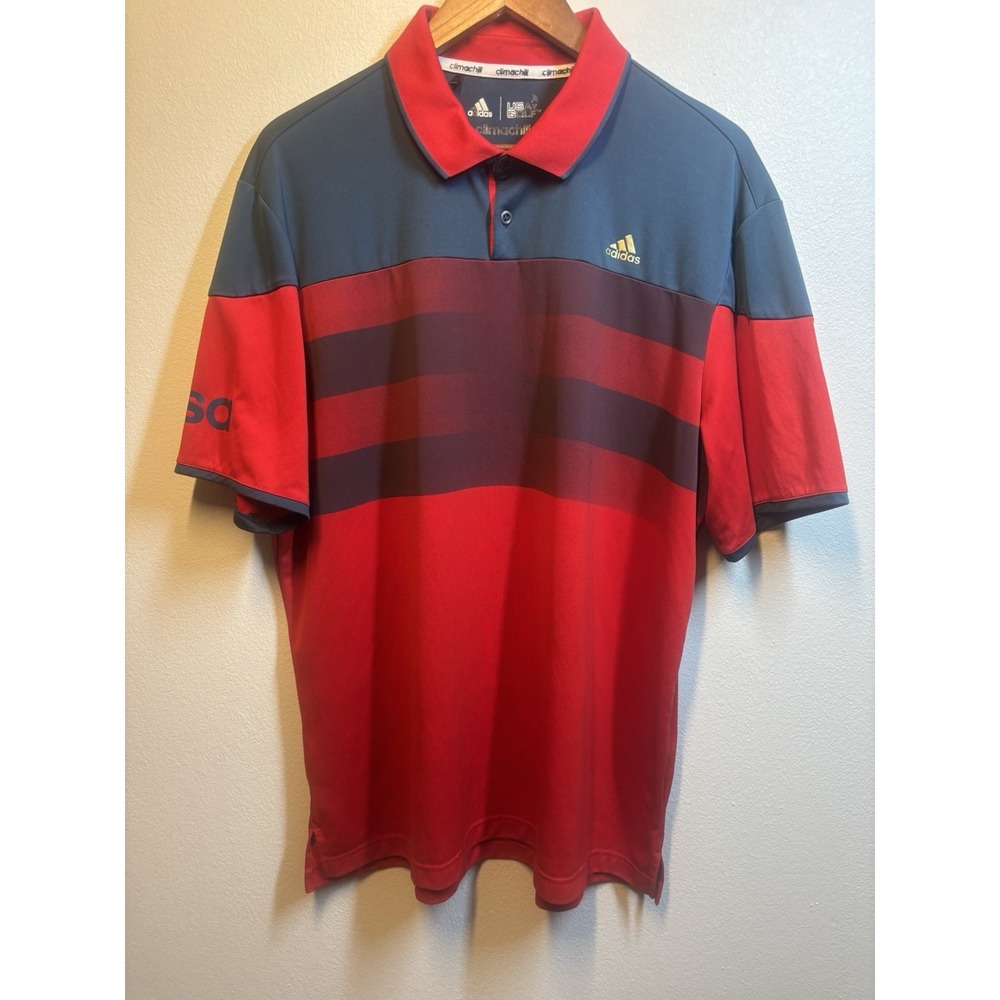 Adidas Shirt Men USA Golf Climachill Red Blue Collared‎ Polo XL Shirt Sleeve